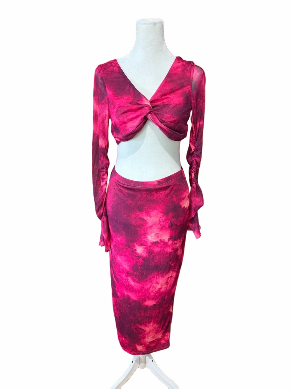 BNWT SHEIN Bae Tie-Front Pink Tie-Dye Skirt Set